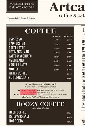 Menu at Artcaffé in Nairobi