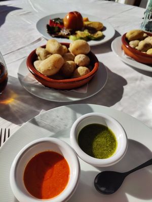 Canary potatoes with Mojo Rosso and mojo verde at Restaurant El Diablo in Lanzarote