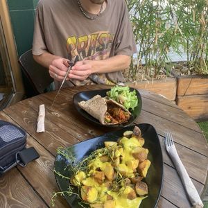 Tortilla; potatoes with chickpea/mustard mayonnaise and thyme  at DaOrganic restaurant in Sofia