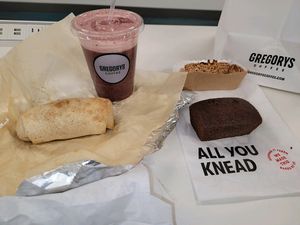 Vegan Breakfast Burrito, Zucchini Bread and Triple Fruit. at Gregorys Coffee in Brooklyn