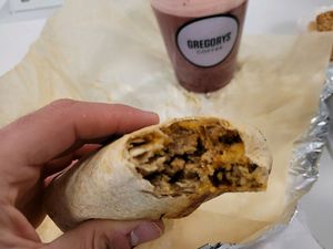 Close up of Burrito Filling. at Gregorys Coffee in Brooklyn