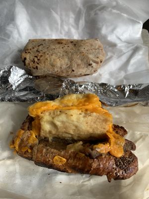Vegan burrito on top, vegan deluxe on bottom (daughter made a bit of a mess of it before I could take a photo!)  at Gregorys Coffee in Brooklyn