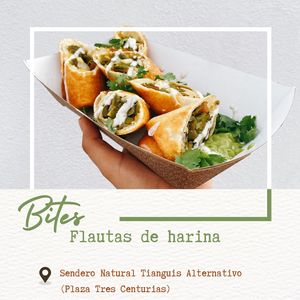 Flauta Bites de harina, rellenas de rajas con queso ó de jamaica con queso, guacamole y crema.  (Solo disponibles en el tianguis sendero natural ubicado en plaza tres centurias)  at Yam in Aguascalientes