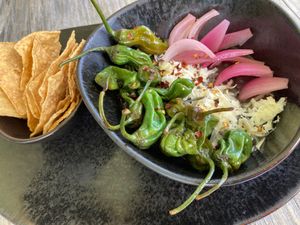 Toreado peppers with tortilla chips at VB in Playa Del Carmen