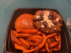 falafel burger with olives and feta ( he's vegetarian)  at Farren's Pub & Eatery in Champaign