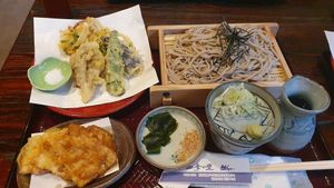 Vegan tempura and soba set at Shikinosato  in Ninohe