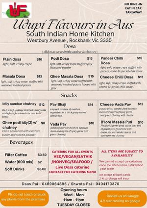 MENU at Udupi Flavours In Australia in Rockbank