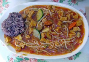 Tofu and veggies in tomato sauce, very filling at Loving Hut Thien Dang in Seoul