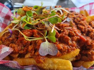 Loaded chips with soy mince at Tathra Hotel in Tathra