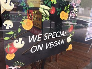 Vegan in the window at Cafe Lalibela in Footscray