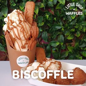Biscoffle bubble waffle or Pom Pom waffle uses our cinnamon waffle, caramel gelato, biscoff sauce and biscuit at Little Shop of Waffles in Manly