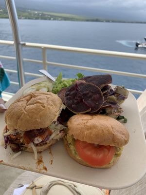 BBQ jackfruit and chickpea salad sliders, sweet potato chips, potato salad, leafy salad  at Fair Wind in Kailua Kona