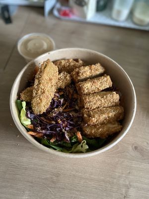 Buddha bowl with crispy tofu  at Nava Food in Cluj-napoca