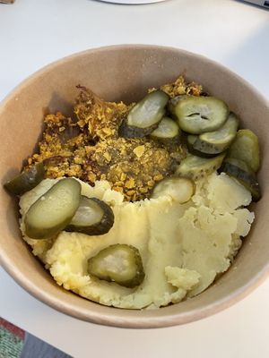 Mashed potatoes + schnitzel from pleurotus + pickles  at Nava Food in Cluj-napoca