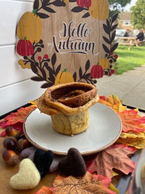 Vegan pumpkin seed sticky bun at The Hub and Spoke Cafe in Dunstable