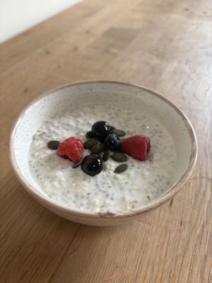 Vegan overnight oatss  at The Hub and Spoke Cafe in Dunstable