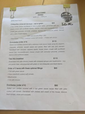 Menu at Tata Mia in Bucerias