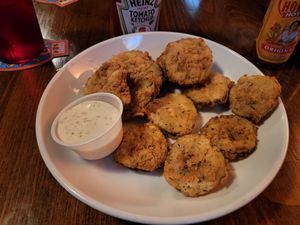 Fried pickles served with vegan ranch #Veganuary at Lucky's Taproom and Eatery in Dayton