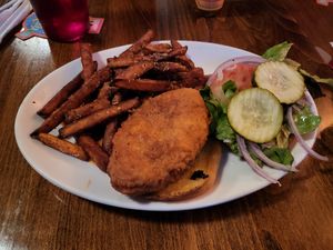 Vegan Fried Chicken Sandwich with sweet potato fries #Veganuary at Lucky's Taproom and Eatery in Dayton