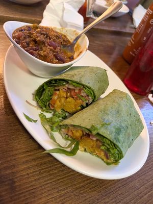 Buffalo chickpea wrap (special) and vegan chili  at Lucky's Taproom and Eatery in Dayton