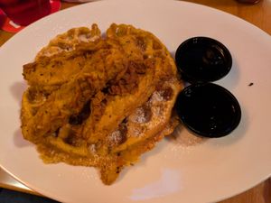 Vegan chicken and waffles at Lucky's Taproom and Eatery in Dayton