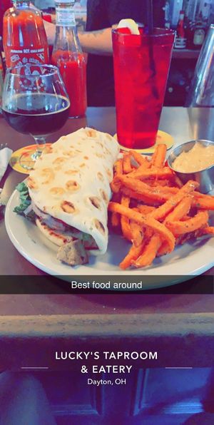 Best vegan gyro and amazing sweet potato fries  at Lucky's Taproom and Eatery in Dayton
