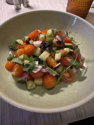 The Greek salad - missing the vegan feta or soy curds.  #Veganuary at Braidwood in Whistler