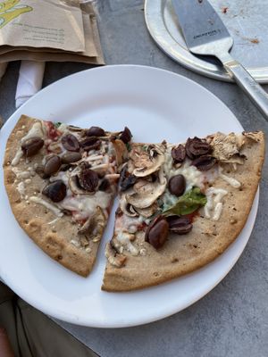 GF crust with spinach, mushrooms vegan cheese, and Kalamata olives   at Mellow Mushroom in Wilmington