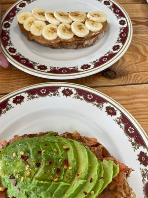 Avocado toast and banana and peanut butter toast  at Earthlings in Newcastle Upon Tyne