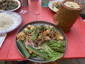 Laab Het with sticky rice (in brown basket)   at ThaiPop in Rochester