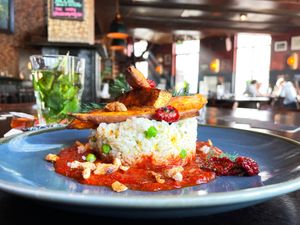 Chill-out vegan saffron rice with sweet potato at The Grass Company in Tilburg