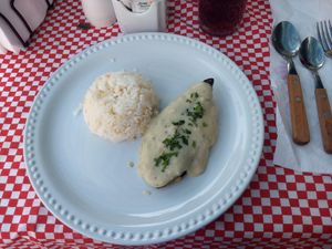 Baked sweet potato with rice at Del Huerto in Cuernavaca