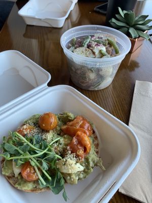 Half bagel with tomato confit and French potato salad #Veganuary at Imposter Cafe and Provisions  in Vancouver