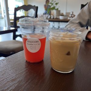 Iced Caramel/Vanilla Latte and Housemade Fruit Tea  at Imposter Cafe and Provisions  in Vancouver