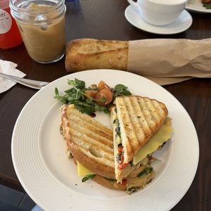 Roasted Vegetable & Smoked Gouda Panini, on sour dough  at Imposter Cafe and Provisions  in Vancouver