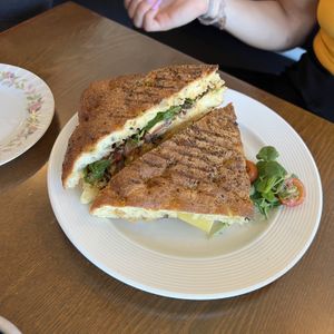 Roasted Vegetable & Smoked Gouda Panini, on focaccia bread  at Imposter Cafe and Provisions  in Vancouver