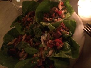 tasty wraps...
"*Field Roast and Shiitake Mushroom Lettuce Wraps*
lemongrass-ginger sauce, red pepper, ground hazelnuts, cilantro, butter lettuce cups…12.75" at Mizuna in Spokane