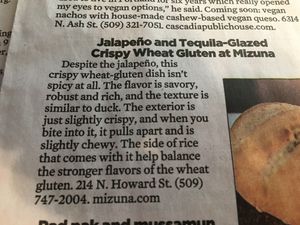 Jalapeño and tequila glazed crispy wheat gluten at Mizuna in Spokane