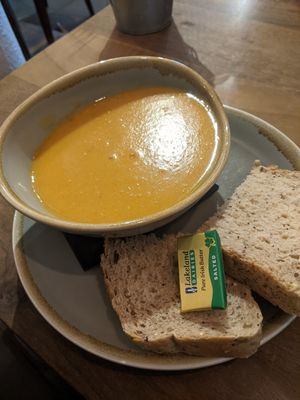 Unfortunately my vegan soup was sent out with butter, so be sure to specifically ask for no butter when you order! at Cafe 1496 in Forres