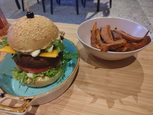 Burger and sweet potato fries at Rai Urban Vege in Belgrade