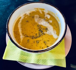 Pumpkin cream soup at Rai Urban Vege in Belgrade