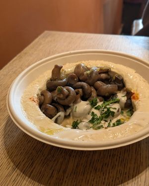 Hummus with mushrooms at Hummus Bar - Corvin Sétány in Budapest