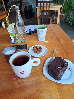 Pecan tart,  chocolate loaf, and tea with oat milk at Dulce Tierra in Oaxaca