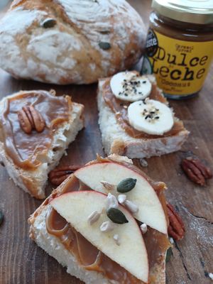 My Vegan Dulce de Leche on freshly baked bread, with fruit, nuts and seeds! Un poema!🌱 at My Vegan Dulce de Leche in Redhill