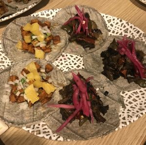 2 “heura al pastor” (left) & 3 “alambre de verduras” (right)  at El Villa Mexico in Huesca