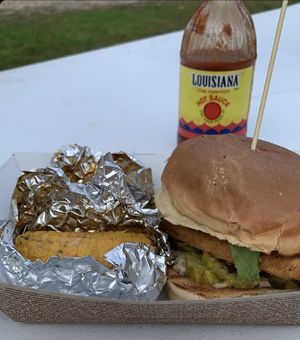 Tempeh “catfish” sandwhich and Cajun corn   at Frenchmen Street Food in Gainesville
