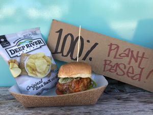 Hawt Chik sandwich with house made chicken style seitan at Frenchmen Street Food in Gainesville