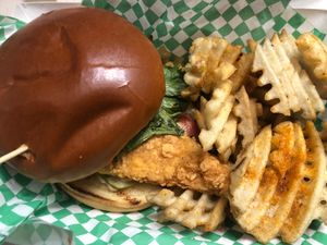 Catfish’d Sandwich with waffle fries at Frenchmen Street Food in Gainesville
