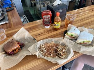 Bbq Soy-Curl Sandwich, Double Hashbrowns, Tofu Po’ Boy  at Frenchmen Street Food in Gainesville