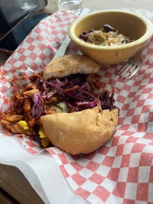 Barbaque sandwich with side of beans and rice (the beans and rice are very flavorful)  at Frenchmen Street Food in Gainesville
